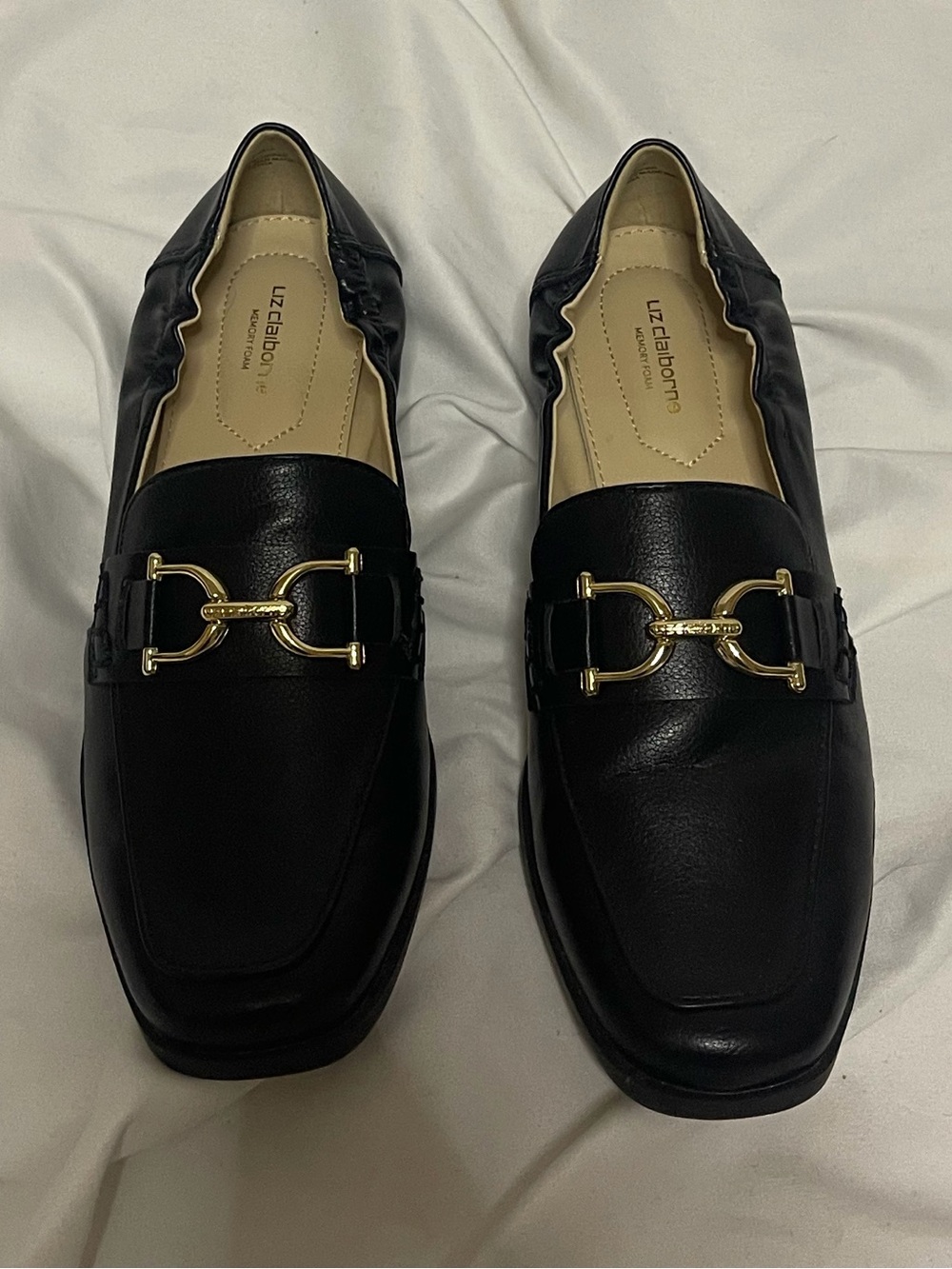 Liz Claiborne Black Leather Loafers with Gold Hardware